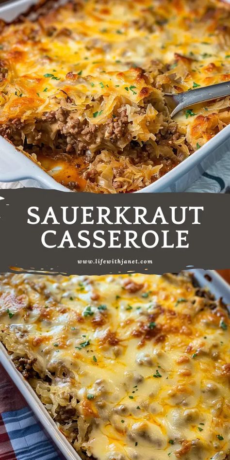 Sauerkraut Hamburger Casserole, Hamburger Sauerkraut Hotdish, Sauerkraut Keto Recipes, Things To Eat With Sauerkraut, Sauerkraut And Hamburger Recipes, Recipe Using Sauerkraut, Hamburger Sauerkraut Casserole, Sausages And Sauerkraut, Saurkraut Recipes Canned