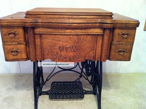 Antique New Home Treadle Sewing Machine,  1911 Sewing Machines photo Sewing Machine Upcycle, Sewing Machine Repurposed, Tiny Doll House, White Rotary Sewing Machine, Antique Sewing Machine Table, Old Singer Sewing Machine, White Sewing Machine, Sewing Machine Cabinet, 1969 Chevy Camaro