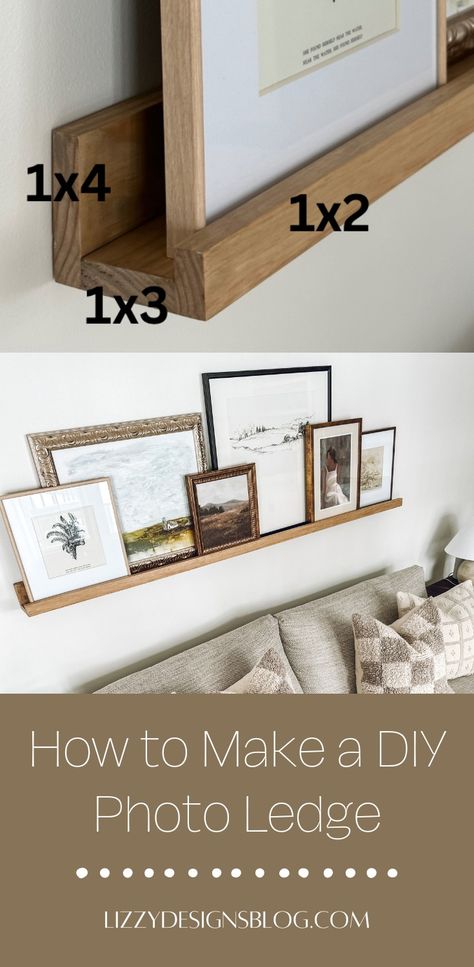 photo ledge with framed art Diy Photo Shelf Picture Ledge, Diy Wood Ledge Shelf, Picture Ledge Placement, Wall Art Above Long Couch, Diy Above Bed Shelf, Over Couch Shelves, Picture Ledge Above Dresser, Diy Picture Frame Ledge, Behind Couch Picture Ledge