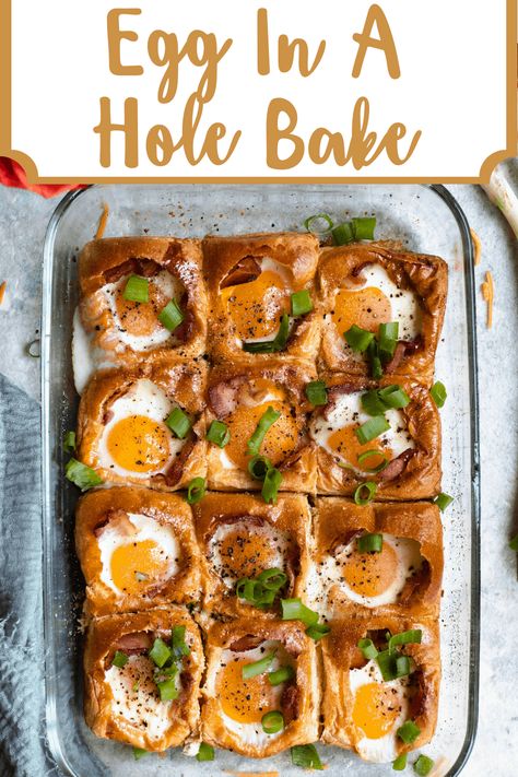 This Egg in a Hole Bake is a perfect breakfast to make for meal prep, a big family breakfast, or a brunch with friends. These brioche dinner rolls are filled with cheese, bacon, eggs, and green onions. It has quickly become a favorite breakfast dish in our home! Brioche Dinner Rolls, Egg In A Hole, Bacon Roll, Bacon Eggs, Bacon Egg And Cheese, Breakfast Party, Family Breakfast, Easy Summer Meals, Global Recipes