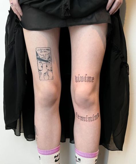 Minimal Knee Tattoos Women, Divine Feminine Tattoo Above Knee, Divine Feminine Knee Tattoo, Thigh Knee Tattoos Women, Female Above Knee Tattoo, Both Thigh Tattoos Women, Knee Lettering Tattoo, Knee Tattoos Words, Knee Script Tattoo