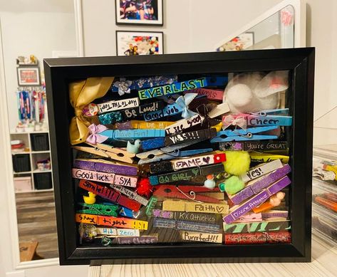 All About Cheer Pins | While I haven’t gotten it hung yet, thank you to the one who recommended a shadow box for pins | Facebook Cheer Showcase Ideas, Cheerleading Bedroom, Cheer Good Luck Pins, Cheer Good Luck, Sports Shadow Boxes, Cheer Crafts, Cheer Nationals, Cheer Tumbling, Cheer Pins