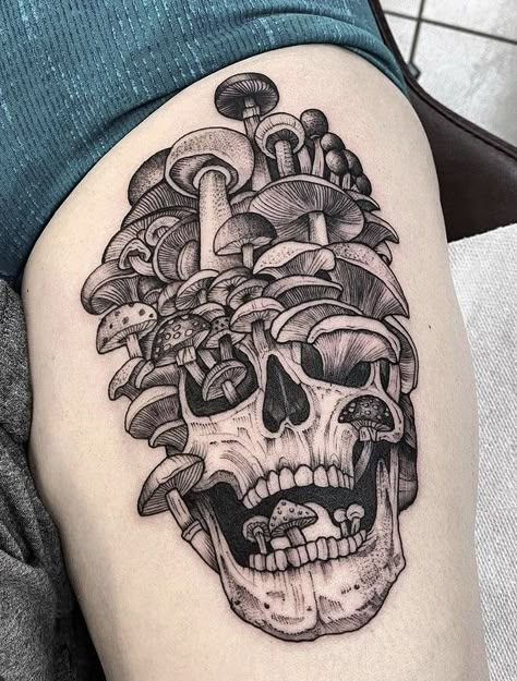 Mushroom Tattoo Around Knee, Mushroom And Skull Tattoo, Skull Mushrooms Tattoo, Mushroom Skull Tattoo, Shroom Tattoo, Lagoon Tattoo, Skull Thigh Tattoos, Dr Tattoo, Skull Mushroom