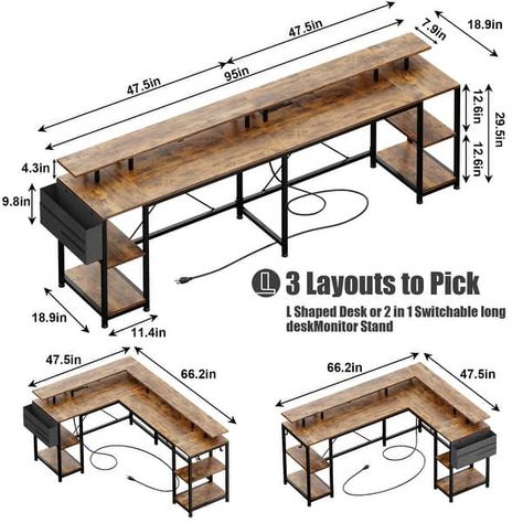 L Shaped Gaming Desk 95" Reversible Computer Desk with Power Outlet - Bed Bath & Beyond - 37828268 Diy Gaming Desk Ideas, Desk For 2, Electronics Workbench, Computer Desk Plans, L Shaped Desk With Storage, L Shaped Gaming Desk, Gaming Studio, Adjustable Computer Desk, Steel Furniture Design