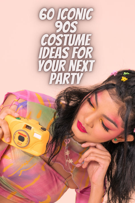 Woman in a colorful 90s-style shirt and bold makeup holding a yellow camera, with text overlay "60 Iconic 90s Costume Ideas for Your Next Party." Iconic 90s Movie Characters, Funny 90s Costumes, 90s Characters Costumes, Iconic 90s Costume, 90s Female Movie Characters, 90’s Fancy Dress, 90s Fancy Dress Ideas Woman, 90s Costume Ideas Woman Movie Characters, 90’s Costume Ideas