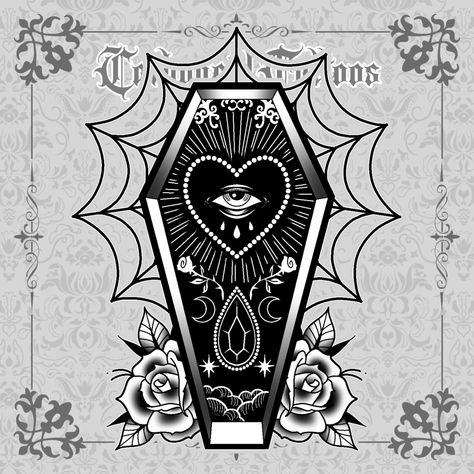 Canadian traditional style tattoo design artwork blackwork black ink roses moon star gem spiderweb available design Canadian artist Toronto Ontario Canada tattoo Cute Poison Tattoo, Your Coffin Or Mine Tattoo, Gothic Leg Tattoo Women, Gothic Coffin Art, Coffin Tattoo Stencil, Coffin And Flowers Tattoo, Cute Coffin Tattoo, Coffin Tattoo Traditional, Small Coffin Tattoo