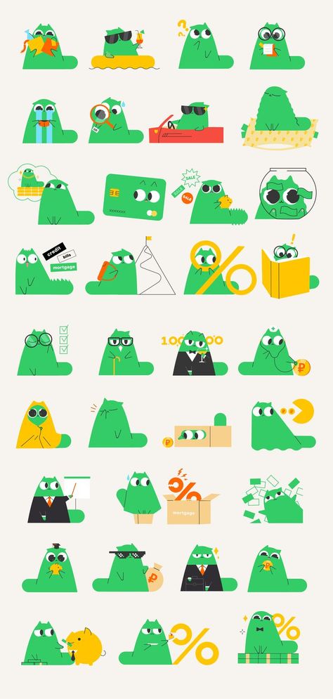 Loppy cat. Character for financial education. Flat illustration, funny, cute green cat. Many poses and emotions. Animation Character Design, Green Branding, Membentuk Alis, Illustration Funny, Adobe Illustrator Design, Chibi Cat, Animation Character, Green Cat, Flat Design Illustration