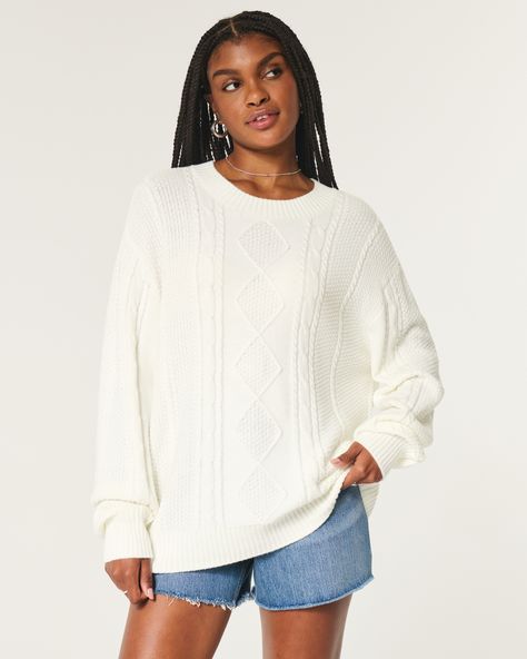 Women's Easy Foldover Off-the-Shoulder Sweater | Women's Tops | HollisterCo.com Womens Oversized Sweater, Cable Knit Oversized Sweater, Chunky Pullover Sweater, Knit Oversized Sweater, Casual Pullover Sweater, Oversized Sweater Women, Pull Oversize, Sweater Oversize, Cable Sweater