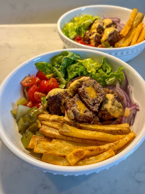 Cheeseburger Meatball Salad Bowls Cheeseburger Salad Bowl, Burger Salad Bowl, Cheeseburger Bowl, Meatball Salad, Cheeseburger Bowls, Salad And Fries, Burger Bowl, Burger Bowls, Juicy Meatballs