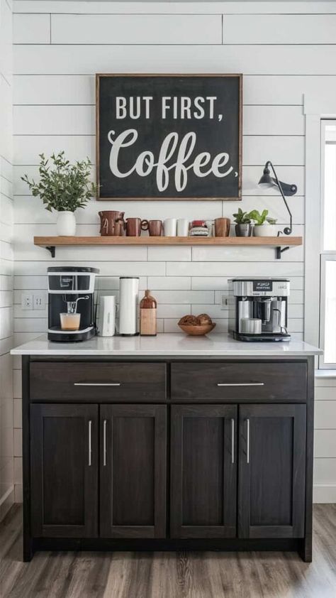 35+ Coffee Bar Ideas For Your Home Entryway Coffee Bar, Coffee Bar Wall Ideas, Coffee Nook In Kitchen, Church Coffee Bar Ideas, Kitchen Coffee Station Ideas, Modern Coffee Bar Ideas, Bar With Floating Shelves, Coffee Bar In Kitchen, At Home Coffee Bar