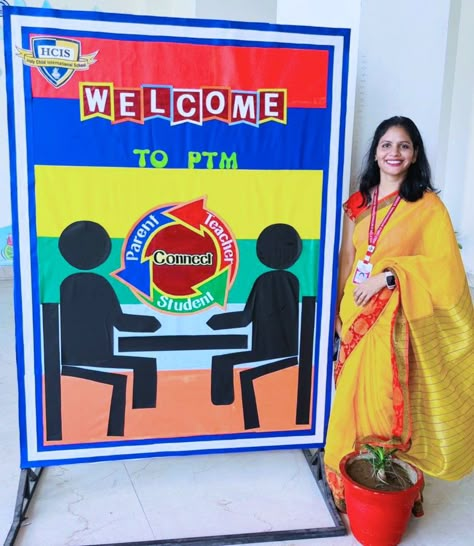 Welcome to PTM Gudi Padwa Board Decoration, Welcoming Board Ideas, Welcome To Ptm Board Ideas, Ptm Chart For School, Ptm Decoration School, Orientation Board Ideas, Welcome Board For School, Ptm Decoration Ideas, Diwali Display Board Ideas