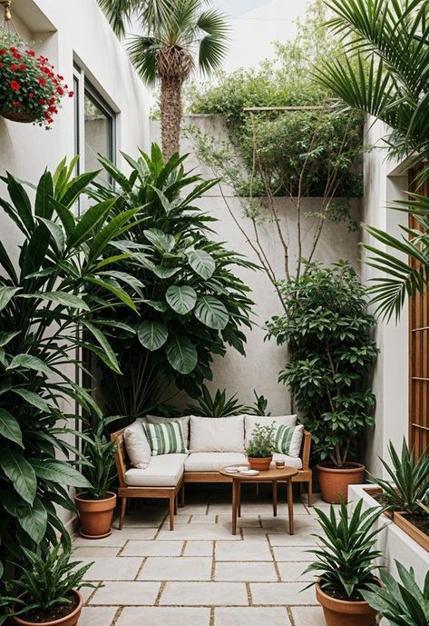 Outdoor Plant Patio Ideas, Small Green Courtyard, Garden Courtyard Ideas Small Spaces, Small Lush Garden, Back Courtyard Ideas, Small Patio Plants, Pot Plants Outdoor Patio, Mini Garden Ideas Small Spaces, Outdoor Plants In Pots