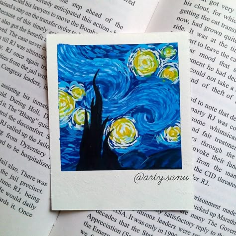 Diy Polaroid Drawing, Starry Night Polaroid Painting, Mini Van Gogh Painting, Polaroid Pencil Drawing, Mini Starry Night Painting, Ploraid Aesthetic Painting, Painted Poloroid Pictures Ideas, Polaroid Acrylic Painting, Poloride Painting