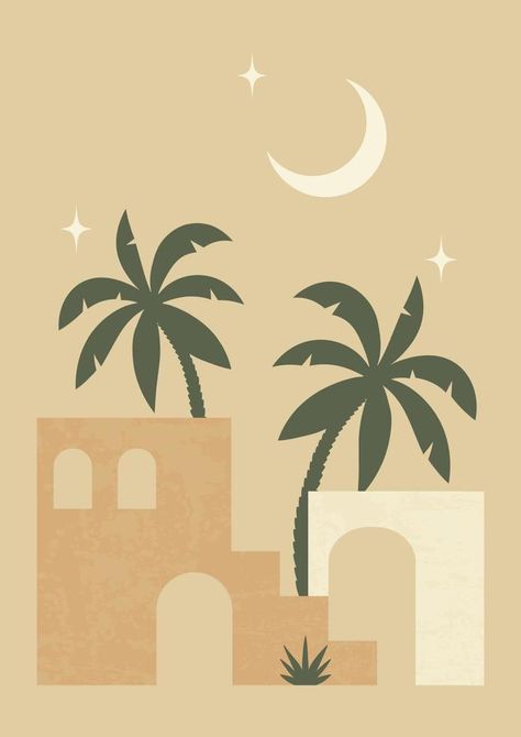 Morocco architecture in moon poster illustration. Modern aesthetic illustrations. Boho style artistic design for wall decoration Boho Poster Design, Morocco Graphic Design, Morocco Illustration, Ramadan Aesthetic, Boho Illustration, Chanel Art Print, Morocco Art, Boho Style Art, Camels Art