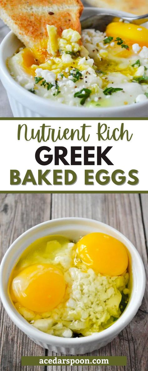 This Greek baked eggs recipe is a healthy and delicious way to enjoy your favorite breakfast dish. Filled with nutrient rich eggs, salty feta cheese, red onion, spinach and artichoke hearts, this simple meal can be adapted to suit your own taste preferences, making it the perfect dish for any time of day. Give this easy recipe a try today! Eggs And Hummus Breakfast, Eggs And Artichoke Hearts, Spinach Artichoke Eggs, Baked Eggs With Spinach And Feta, Healthy Meals With Feta Cheese, Eggs For Lunch At Work, Egg Recipes Vegetarian, Greek Egg Bake, Lunch With Eggs Healthy