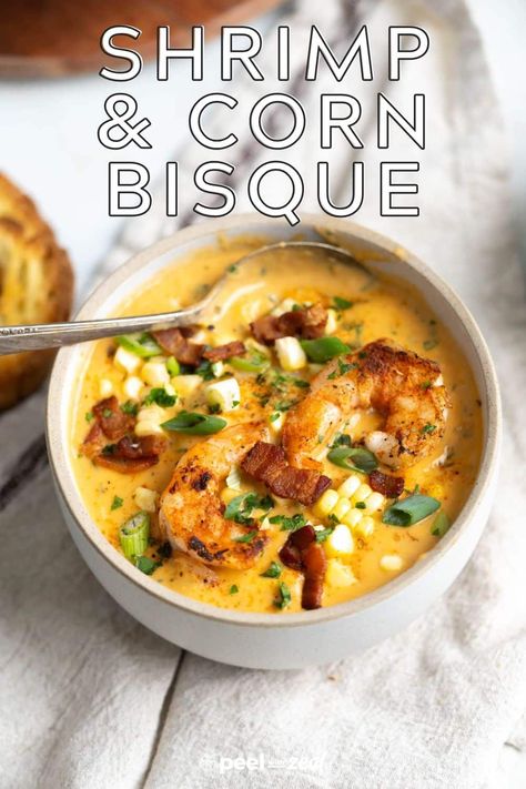 Indulge in this simple, creamy Cajun shrimp bisque abundant with corn and bacon. A rich, gluten-free corn soup bursting with flavor, unlike any corn and shrimp bisque you've tasted before! Shrimp Corn Soup Cajun, Bacon Shrimp Corn Chowder, Shrimp And Corn Soup Louisiana, Shrimp Corn Bisque, Shrimp Bisque Soup, Corn And Shrimp Chowder, Corn And Crab Bisque, Shrimp And Corn Bisque, Corn Chowder Crockpot