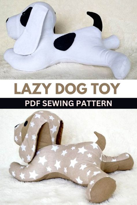 Lazy Dog Toy sewing pattern. The designer describes her Lazy Dog Toy as extremely cute and designed so they can easily be carried around in small hands. Besides making this super cute Lazy Dog you'll also make a bone toy for him that will not only act as a comforter for your baby boy or girl, but it will bring joy and smiles every day. SewModernKids Dog Stuffie Sewing Pattern, Stuffed Animal Dog Pattern, Sewing Pattern For Stuffed Animals, Memory Toys From Clothes, Stuffed Animals From Old Clothes, Soft Toy Sewing Pattern Free, Puppy Stuffed Animal Pattern, Stuff Animal Patterns Free, Sew Dog Toys Free Pattern