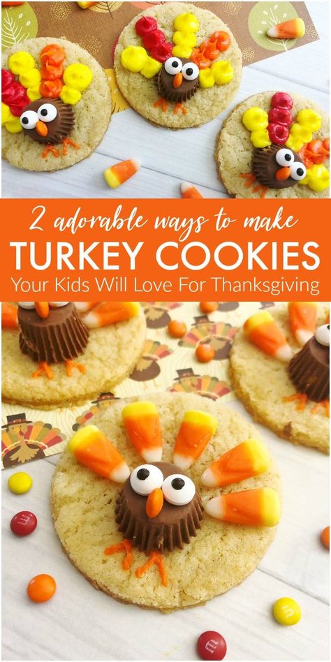 Easy Turkey Cookies! Adorable Turkey Sugar Cookies for Kids on Thanksgiving! Easy recipe and perfect for the holiday table! #passion4savings #thanksgiving #reeses #candycorn #cookies Easy Thanksgiving Cookies, Turkey Sugar Cookies, Thanksgiving Desserts Kids, Thanksgiving Snacks, Turkey Cookies, Thanksgiving Desserts Easy, Thanksgiving Cakes, Kids Cooking Recipes, Thanksgiving Cookies