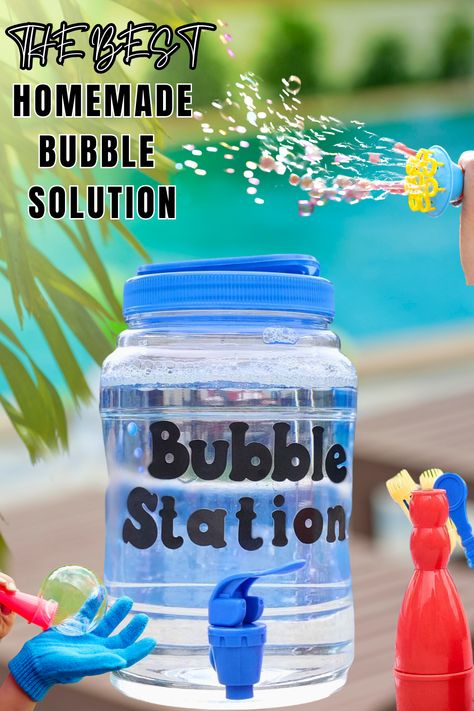 Homemade Bubbles For Bubble Machine, Diy Bubble Solution For Bubble Machine, Bubble Solution For Bubble Machine, Birthday Party Bubble Station, Easy Bubble Solution Recipe, Bubble Recipe Homemade, Bubble Machine Solution, Bubble Solution Recipe Glycerin, Home Made Bubble Solution