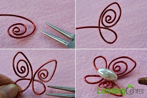 Wire Jewelry DIY - How to Make a Red Handmade Wire Wrapped Butterfly Ring- Pandahall.com Butterfly Wire Ring, Wire Jewelry Diy, Wire Wrapped Butterfly, Wire Butterfly, Wrapping Stones, Hoop Earrings Diy, Wire Bending, Wire Jewelry Patterns, Butterfly Tutorial