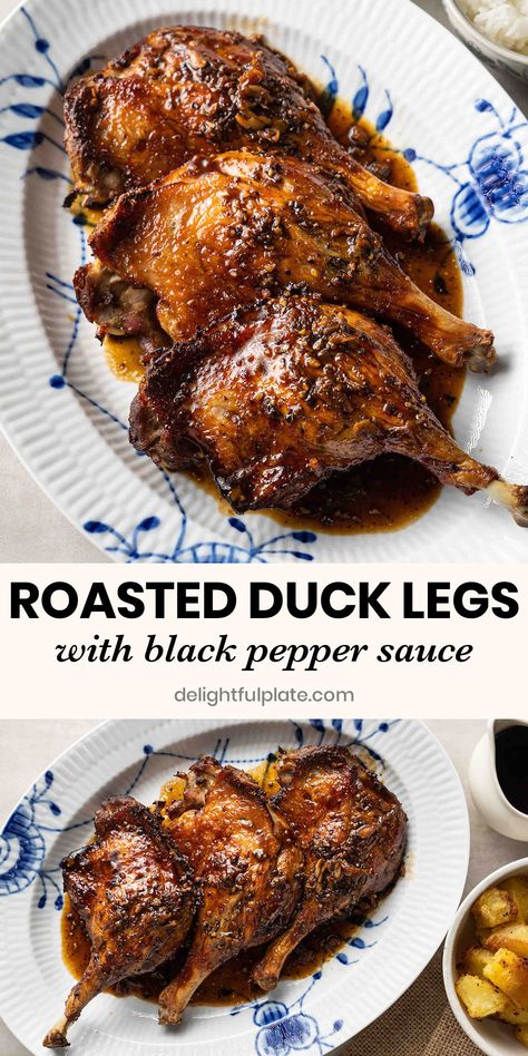 a plate of roasted duck legs with black pepper sauce Roast Duck Leg Recipes, Duck Thigh Recipes, Crispy Duck Leg Recipes, Best Duck Recipes, Asian Duck Recipes, Duck Recipes Easy, Duck Legs Recipe Easy, Slow Cooker Duck Leg Recipes, Duck Recipes Asian