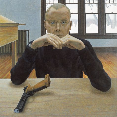 Alex Colville, Target Pistol and Man, 1980, acrylic polymer emulsion on hardboard, 60 x 60 cm, private collection. #ArtCanInstitute #CanadianArt Igcse Art, Art Gallery Of Ontario, Canadian Painters, Alex Colville, Moonrise Kingdom, Art Matters, Digital Museum, Magical Realism, Magic Realism