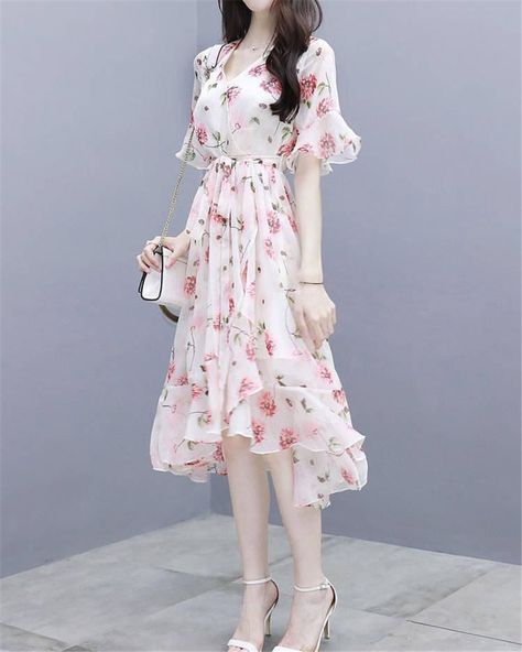 Floral Dress Women Fashion V Neck Chiffon Print Flowy Party Dress Female Korean Style Ruffle Sleeve Summer Midi Dress Vestidos| | - AliExpress Floral Dress Korean Style, Korean Dress Elegant, Flowy Party Dress, Dress Elegant Casual, Korean Fashion Women Dresses, Women Dress Casual, Ancient Clothes, Chinese Fancy Dress, Pretty Dresses Casual