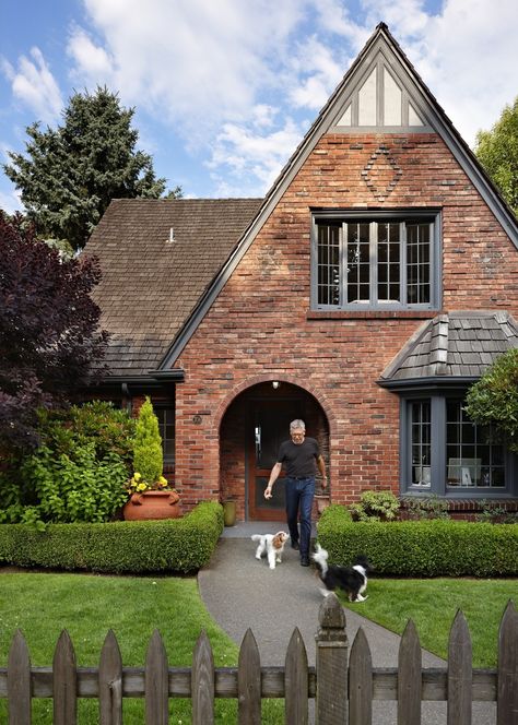 Modern Brick Bungalow, Tudor Revival Cottage, Best Shingle Colors For Red Brick, Brick A Frame House, 1920s Brick House, Historic Brick Homes Exterior, Tudor Revival House Exterior, Red Brick Tudor, Orange Brick Houses