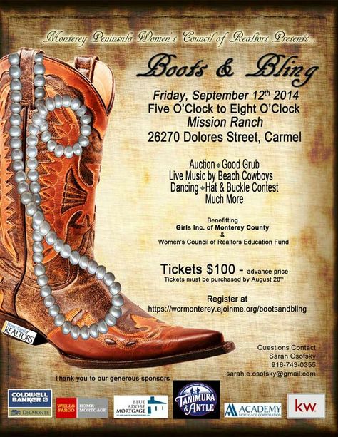 Come with your boots and bling Boots And Diamonds Party, Boots And Bling Invitation, Boots And Pearls Party Theme, Western Theme Gala, Boots And Bling Party Theme, Boots And Bling Gala, Boots And Bling Party, Fundraising Events Ideas, Western Gala