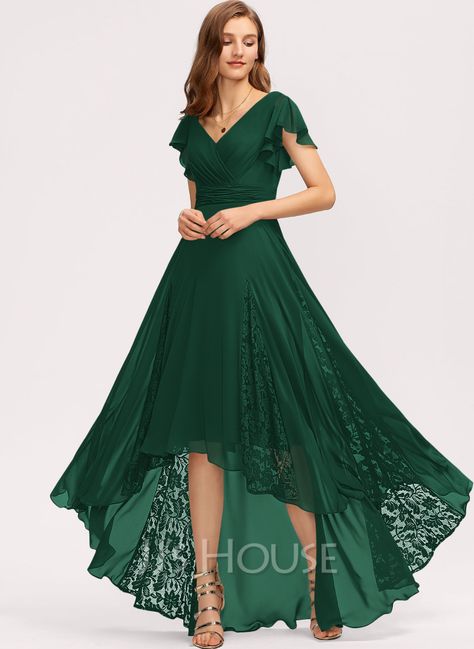 A-Line V-neck Asymmetrical Chiffon Evening Dress With Ruffle Lace (017235170) - JJ's House Fairyland Wedding, St Lucia Wedding, Glitter Room, Jersey Evening Dress, Mother Of Groom Dress, High Low Fashion, Lace Chiffon Bridesmaid Dress, Cocktail Dresses Online, Chiffon Cocktail Dress