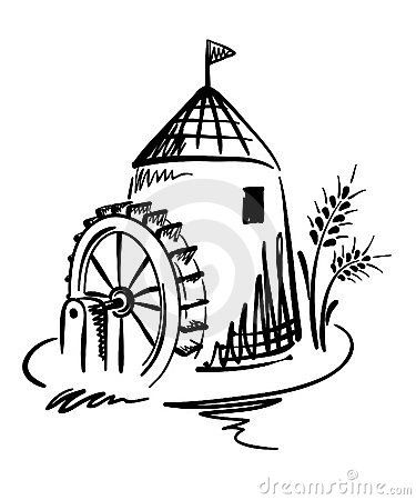 Mill On Water Stock Photo - Image: 49415082 Water Mill Illustration, Mill Drawing, Bujo October, Trees Drawing Tutorial, Sketching Architecture, River Drawing, Trees Drawing, Windmill Art, Draw Logo