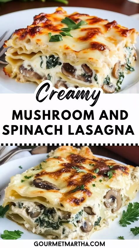 Creamy Mushroom and Spinach Lasagna Recipe - Best Vegetarian Comfort Food Mushroom Walnut Lasagna, Hearty Vegetarian Dinner, Creamy Veggie Lasagna, Creamy Mushroom Lasagna, Creamy Spinach And Mushroom Lasagna, Spinach Mushroom Lasagna Recipe, Mushroom Spinach Recipes, Spinach And Mushroom Recipes, Mushroom Spinach Lasagna