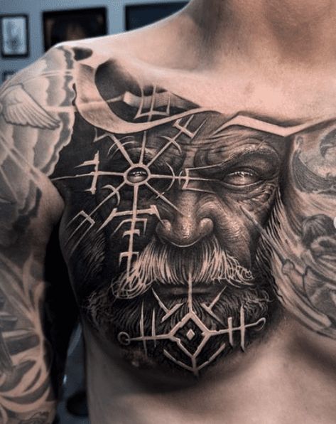 Odin Chest Tattoo Men, Mythology Chest Tattoo, Nordic Chest Tattoo, Viking Chest Tattoo, Ancient Viking Tattoos, Chest Tats Men, Humming Bird Tattoos, Mjolnir Tattoo, Eagle Chest Tattoo