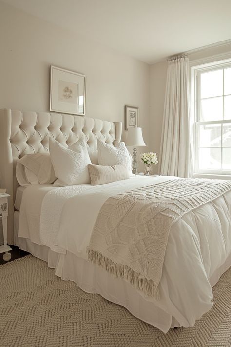 Upgrade Your Space with Chic White Bedroom Furniture – lanzhome.com White Bedroom Furniture Aesthetic, White Bedroom Walls, Elegant White Bedroom, Cream And White Bedroom, Beige Bedroom Decor, White Bedrooms, White Wall Bedroom, Farmhouse Vibes, White Bedroom Decor