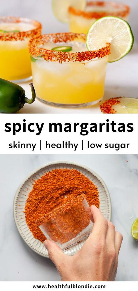 Spicy Margarita Recipe Tajin, How To Make A Spicy Margarita, Margaritas With Tajin Rim, Easy Spicy Margarita Recipes, Spicy Jalapeno Margarita Recipe, Frozen Spicy Margarita Recipe, Orange Margarita Recipe Tequila, Cocktails With Tajin Rim, Keto Spicy Margarita