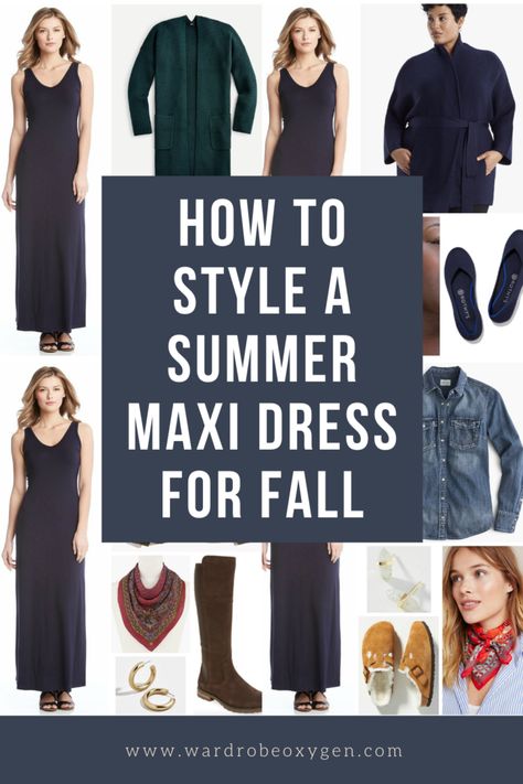 how to style a summer maxi dress for fall Fall Outfits Maxi Dress, Long Dress In Winter How To Wear, Maxi Dress In The Winter, Winterize Maxi Dress, What To Wear Over Maxi Dress, Navy Dress Casual Outfit, Summer Dress For Winter Outfit, Navy Blue Dress Fall Outfit, Maxi Dress Jacket Outfit