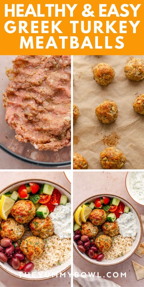 Healthy Baked Turkey Meatballs with Mediterranean Flavors Greek Meatballs Recipe Turkey, Meatball Healthy Recipes, Meatballs With Vegetables, Meatball Bowl, Greek Meatballs Recipe, Thai Turkey Meatballs, Baked Turkey Meatballs, Greek Turkey Meatballs, Ground Turkey Meatballs