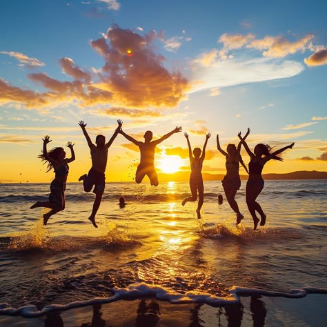 "#JoyfulBeachSunset: A group of #friends jumps high against a #stunning #sunset backdrop on a #sandy #beach. #joy #jumping #aiart #aiphoto #stockcake ⬇️ #Download and 📝 #Prompt 👉 https://stockcake.com/i/joyful-beach-sunset_144783_18556" Beach Day Family, Friend Holiday Pictures, Family Day Aesthetic, Friends For Vision Board, Freind Ship Images, Beach Side Poses, Cute Beach Pics With Friends, Friendship Vision Board Pictures, Friendship Pictures Group