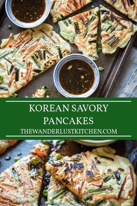 Craving a quick and delightful dinner? Try this Pajeon recipe! These Korean Pancakes are a mix of carrots, green onions, and a basic batter to create these irresistible, savory pancakes. Pair it with an irresistible honey-garlic-soy dipping sauce – perfect for a cozy evening! Chives Pancake, Savory Pancakes Recipe, Pajeon Recipe, Honey Garlic Soy Sauce, Green Onion Pancake, Easy Korean Recipes, Recipe Korean, Korean Pancake, Vegetable Pancakes