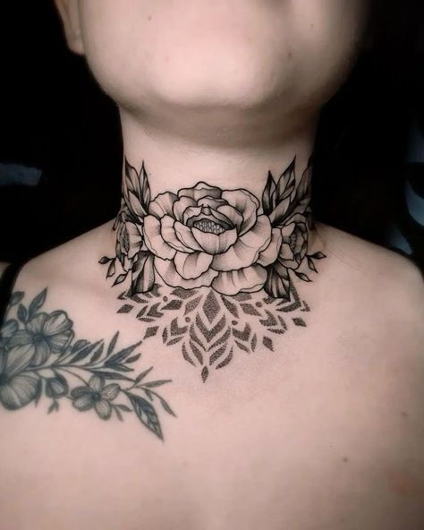 Flower Throat Tattoos Women, Woman Throat Tattoo, Rose Throat Tattoos Women, Throat Tattoos Women Simple, Feminine Throat Tattoos, Neck Tattoos Women Throat, Female Throat Tattoo Ideas, Throat Tattoos Women, Tattoo Ideas And Meanings