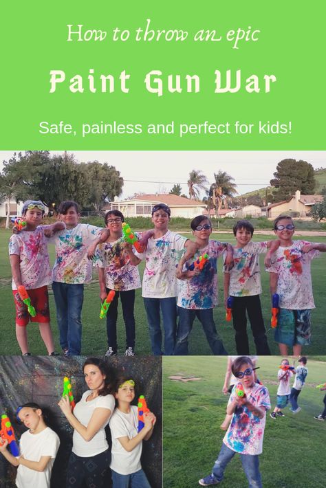 Your guide to throwing a memorable, kid-friendly Paint Gun War Party! #paintgun #paintball #paintwar Splatoon Birthday, Splatoon Party, Paintball Birthday Party, Messy Party, Paintball Birthday, Paintball Party, Teenager Party, Color Wars, Painting Birthday