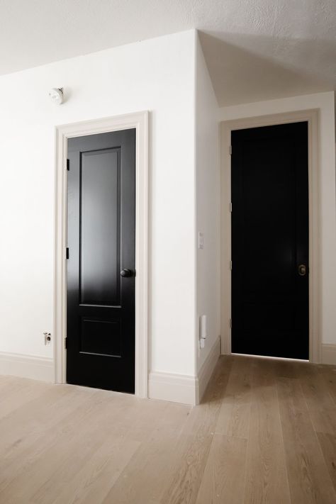 Contrast Trim With Black Doors, Contrasting Doors And Trim, Painting Wood Trim Before And After, Inside Door Colors, Colored Interior Doors, Black Doors Interior, Dark Interior Doors, Barndo Ideas, Miami House