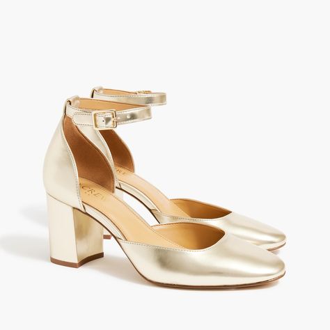 Metallic block heels with ankle strap Gold Closed Toe Heels, Heels Closed Toe, Holiday Outfit Inspo, Gold Block Heels, Heels With Ankle Strap, Gold Strappy Heels, 2023 Wishlist, Closed Toe Heels, Winter Elopement