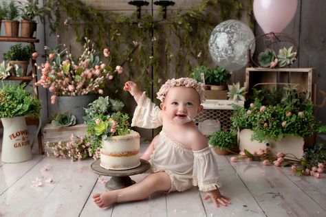 1st Birthday Shoot Ideas, Whimsical Birthday Party, Greenery Cake, Happy Birthday Baby Girl, Cake Smash Theme, Smash Cake Girl, Baby Cake Smash, Smash Cake Photoshoot, Cake Smash Photography