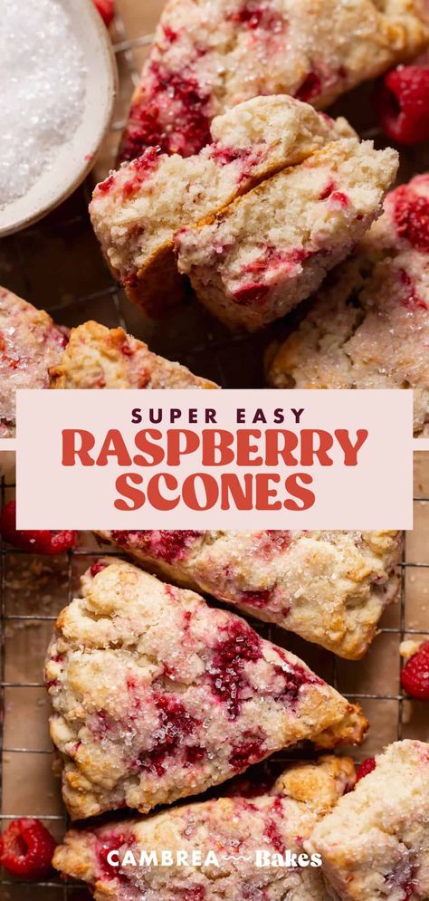 Bursting with juicy, fresh raspberries and boasting a melt-in-your-mouth texture, these raspberry scones are even better than from a bakery! With a soft, plush crumb and a slightly crunchy exterior, they are perfectly sweet and rich without being dry or chalky. Fresh Raspberry Scones, Raspberry Scones With Frozen Raspberries, Raspberry Orange Scones, Raspberry Scones Pioneer Woman, Easy Raspberry Scones, Raspberry Almond Scones, What To Make With Raspberries, Recipes With Fresh Raspberries, Raspberry Scones Recipe Easy