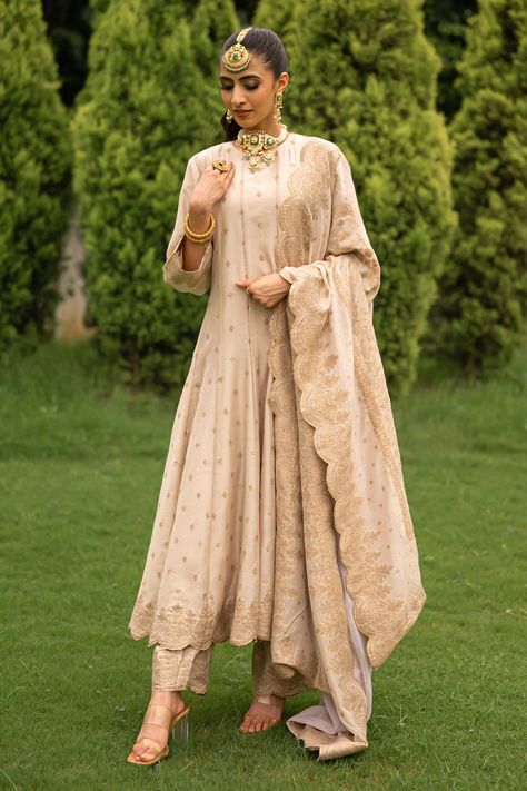 Shop for these amazing collections of Ivory Vegan Silk Woven And Embroidered Floral Pattern & Azalea Anarkali Set For Women by Safaa online at Aza Fashions. Straight Anarkali Suits, Beige Anarkali Dress, Beige Anarkali Suits, Anarkali Dress Pattern New 2024, A Line Anarkali, Beige Anarkali, Anarkali Dress Indian, Anarkali Bridal, Anarkali Suits Designer