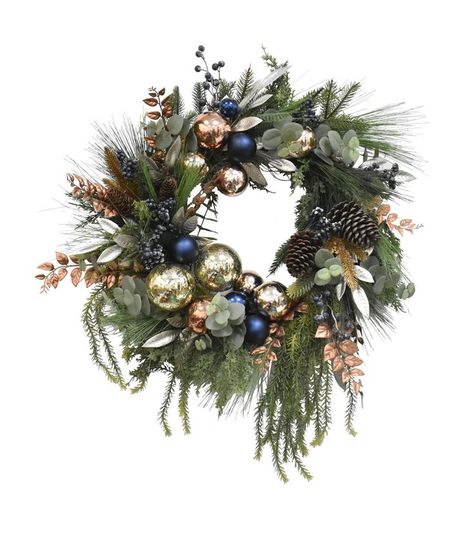 Teal And Silver Christmas Wreath, Christmas Ball Wreath Diy How To Make, Wreath Themes Christmas, Fancy Christmas Wreaths, Navy Gold Christmas Decor, Blue And Gold Christmas Decorations, Blue Christmas Wreaths For Front Door, Holiday Wreaths For Front Door, Teal Christmas Wreath