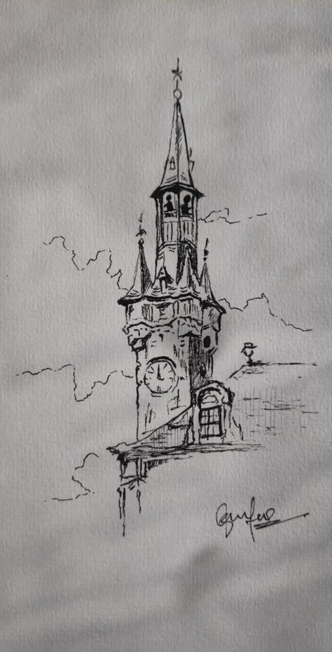 French Sketch Art, Simple Detailed Drawings, Ink Tober Drawings, Passport Sketch Drawing, Japanese Sketch Art Drawings, Pencil Sketch Buildings, Grandfather Clock Sketch, Black And White Art Drawing Sketching, Victorian Architecture Drawing