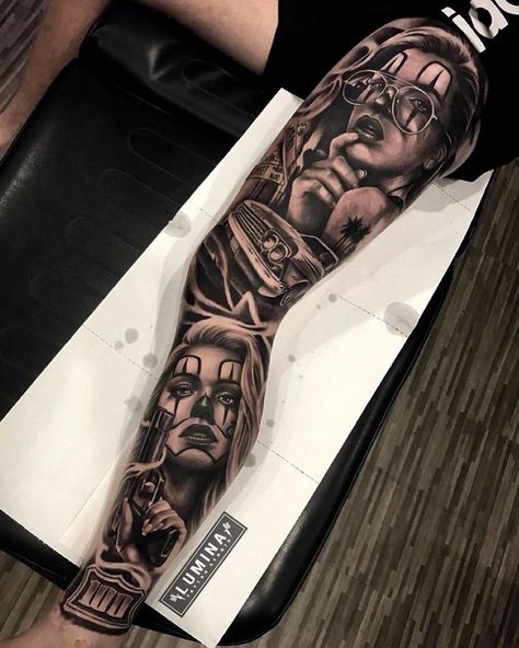 Calf Tattoo Ideas, Dortmund Wallpaper, Lowrider Tattoo, Chicanas Tattoo, Chicano Tattoos Sleeve, Arm Sleeve Tattoos For Women, Lion Tattoo Sleeves, Full Leg Tattoos, Gangsta Tattoos