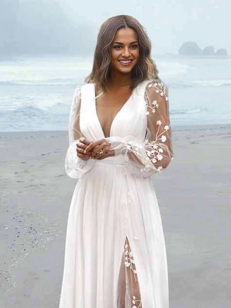 A-Line/Princess V-Neck Floor-length Wedding Dress -  #ALinePrincess #Dress #Floorlength #Vneck #Wedding Wedding Dress Neckline Guide Body Types, Wedding Dresses Champagne Color, Beach Wedding Dress Sleeves, Wedding A Line Dresses, How Renewal Dresses, Secret Wedding Ideas, Elopment Dresses Long, Flowy Long Sleeve Wedding Dress, Simple Wedding Dress With Sleeves Classy